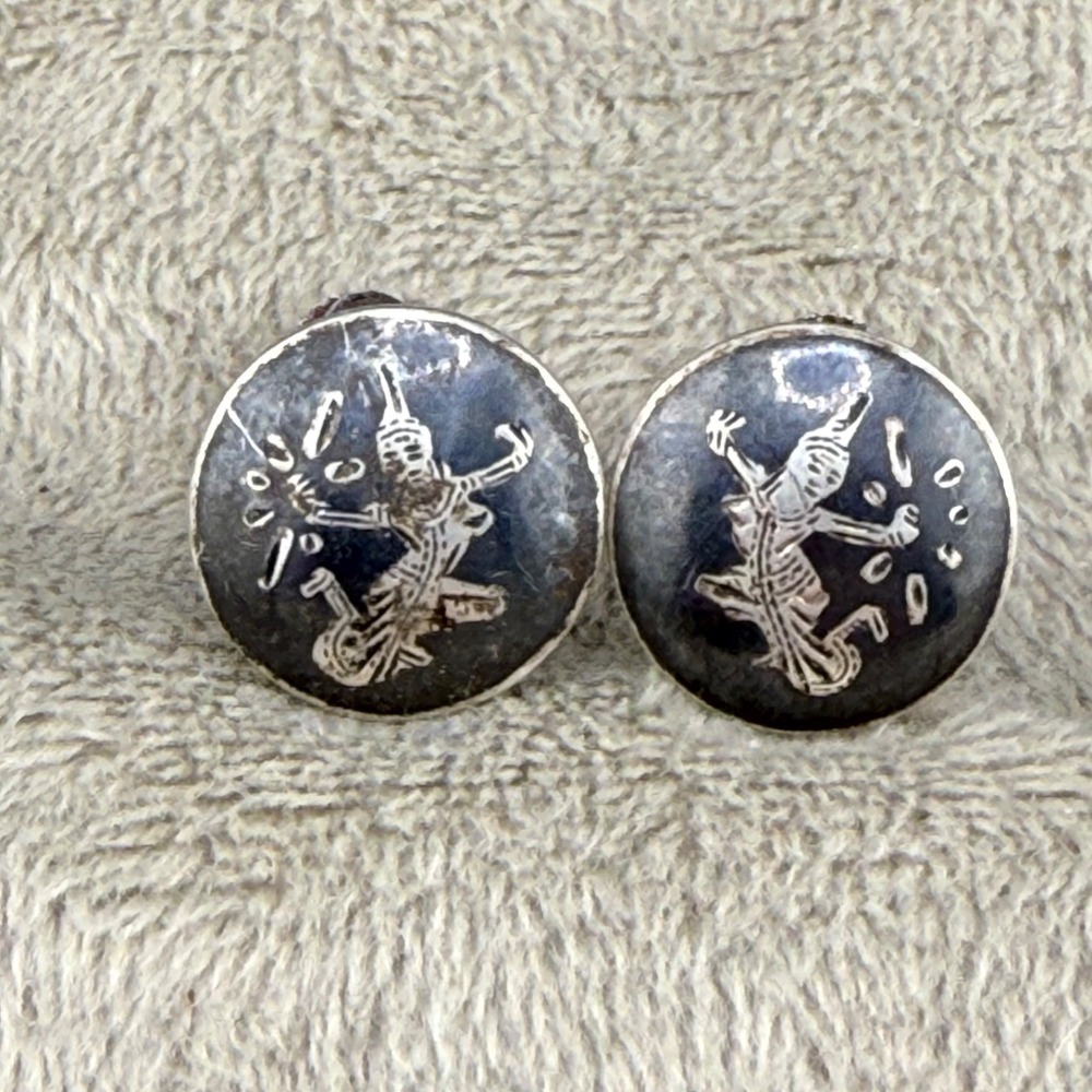 Vintage Siam Sterling Silver Screw Back Earrings Black Enamel Niello Mekkala